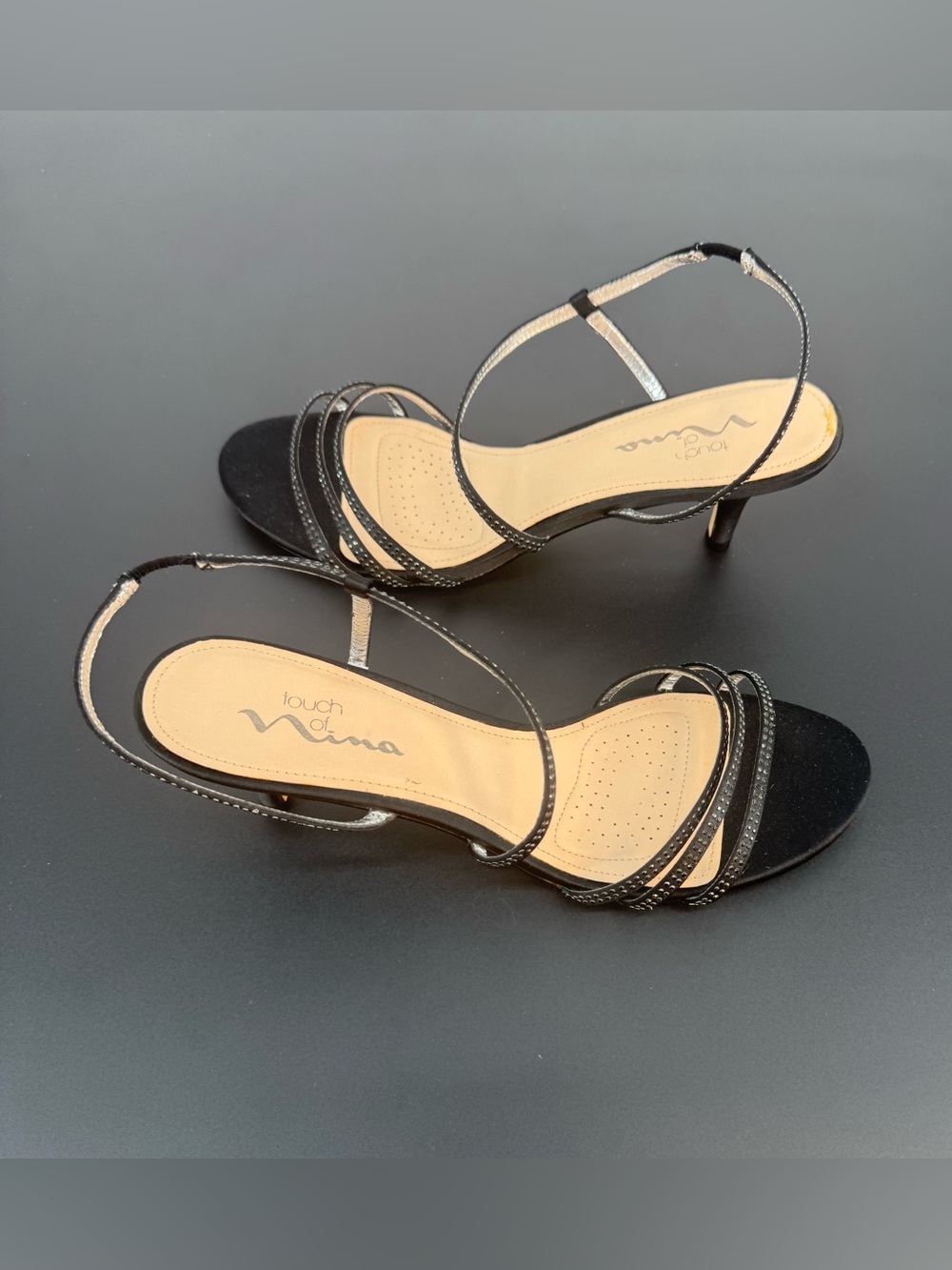 Touch of Nina Women Black Strappy Slingback Kitten Heels Size 10